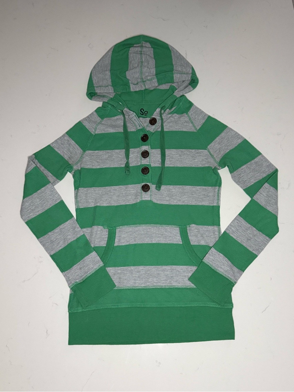 So Striped Green Hooded Henley with Buttons